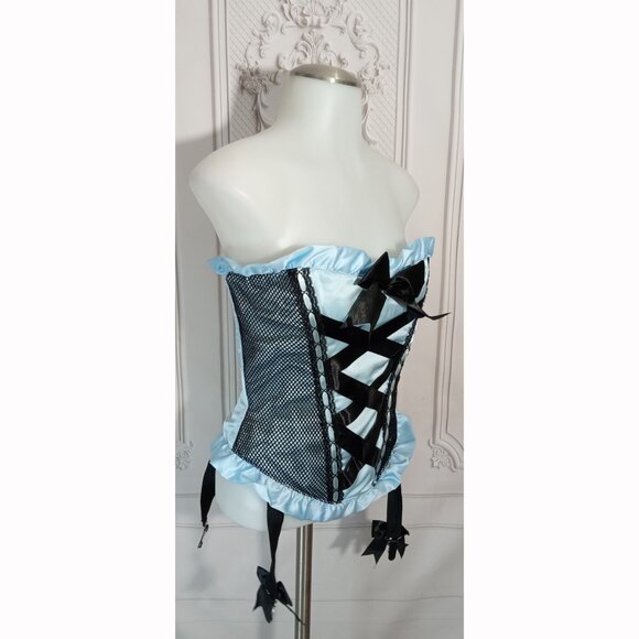NWT Leg Avenue Blue Satin Corset W/ Padded Silhouette & Bow Trimmed Garter Sz M - Picture 3 of 7